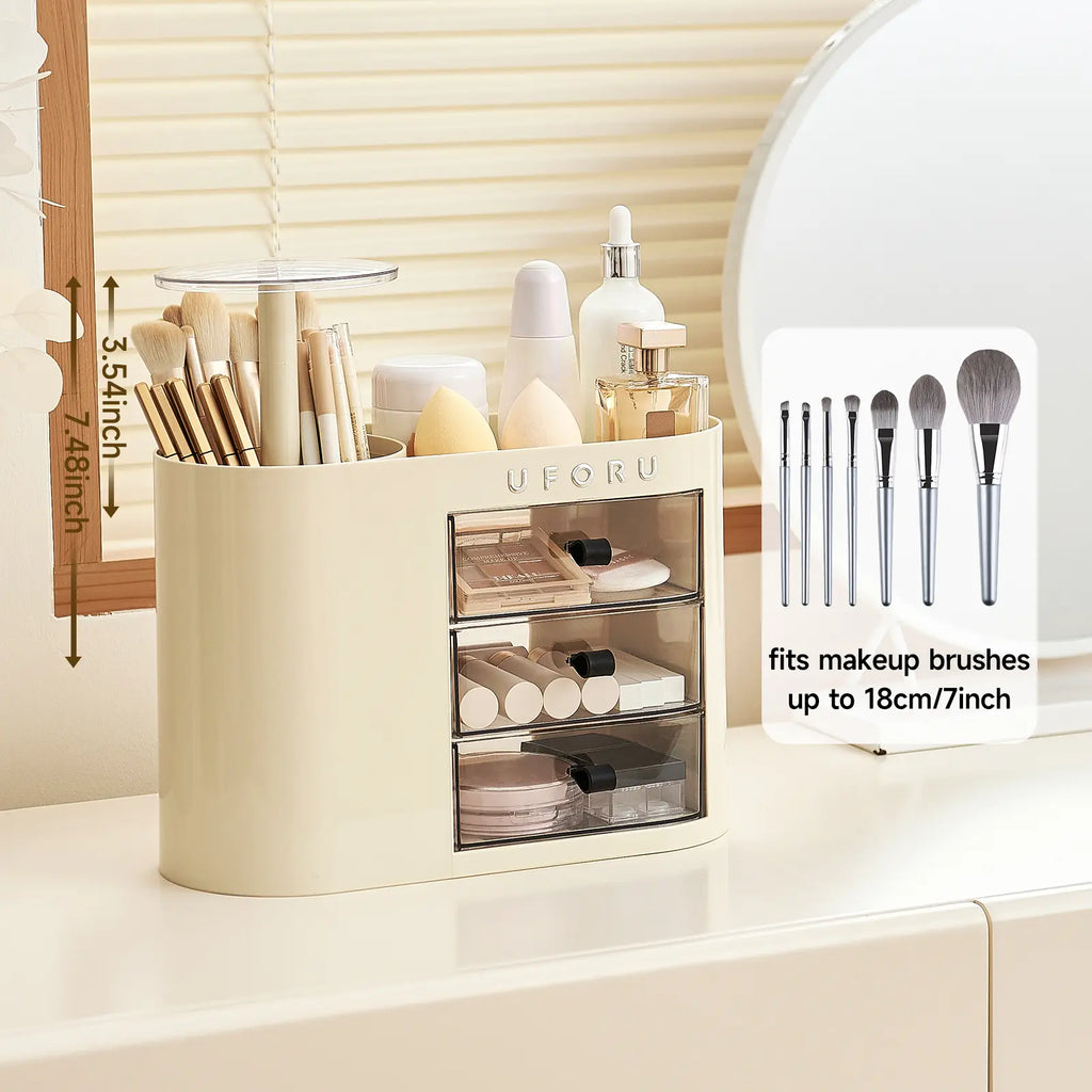 Cosmetic organizer with drawers, suitable for dressing tables, 4-slot brush holder, one-button opening.