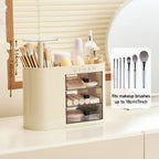 Cosmetic organizer with drawers, suitable for dressing tables, 4-slot brush holder, one-button opening.