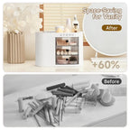 Cosmetic organizer with drawers, suitable for dressing tables, 4-slot brush holder, one-button opening.