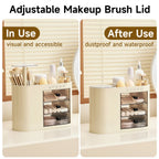 Cosmetic organizer with drawers, suitable for dressing tables, 4-slot brush holder, one-button opening.